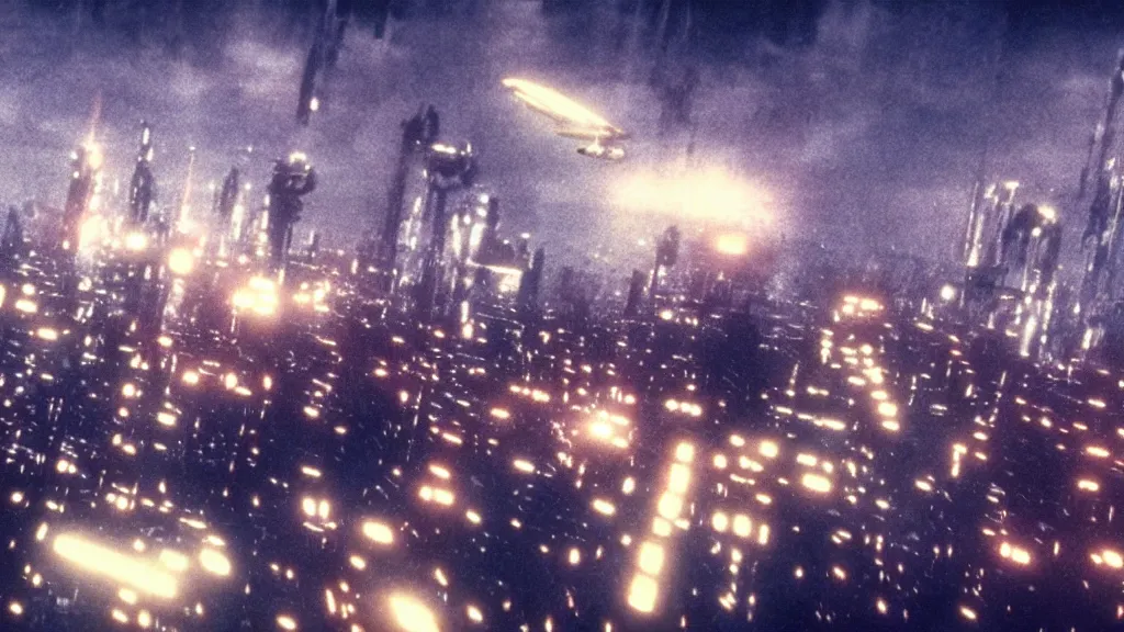 Prompt: spaceship flying over city, a screenshot of blade runner