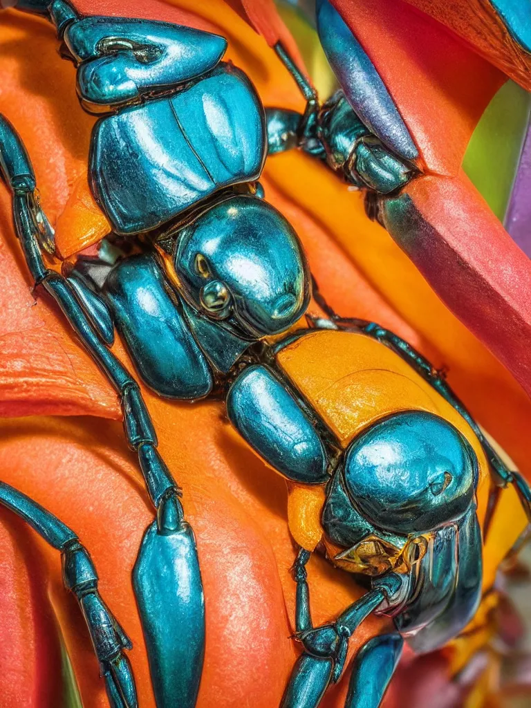 Image similar to close - up shot of a beautiful colorful beetle. insect eyes. complementary color scheme. by slim aarons, by kechun zhang. studio photography high quality highly detailed award winning photograph by national geographic, sculpture by antonio canova, renaissance painting. soft volumetric light