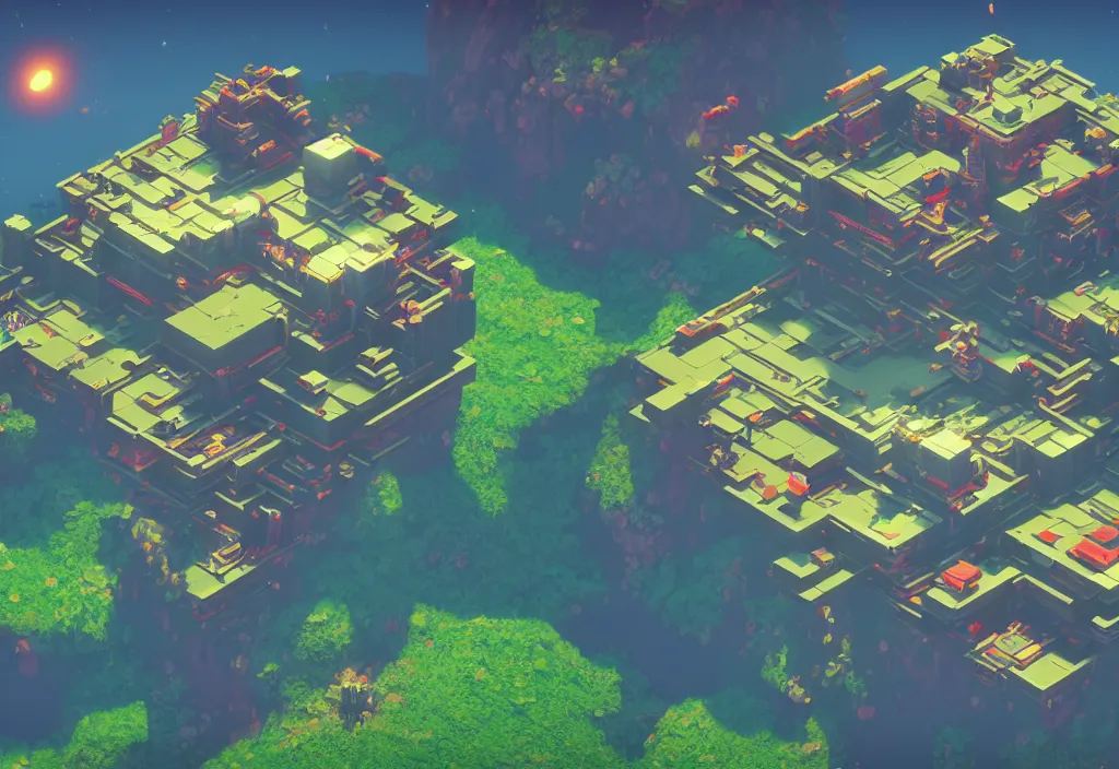 Image similar to isometric magicavoxel no mans sky castle cinematic lighting, 4k