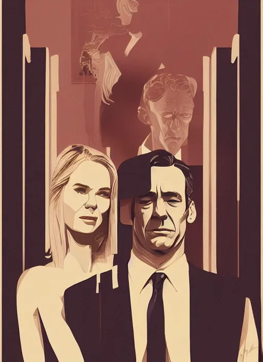 Prompt: poster artwork by Michael Whelan and Tomer Hanuka, Karol Bak of Naomi Watts & Jon Hamm husband & wife portrait, in the pose of The Graduate poster, from scene from Twin Peaks, clean, simple illustration, nostalgic, domestic, full of details