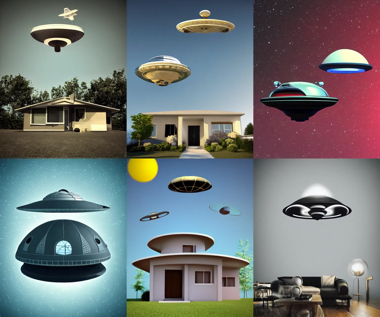 Prompt: retro-futurism style-art deco- 3d UFO above house abduction