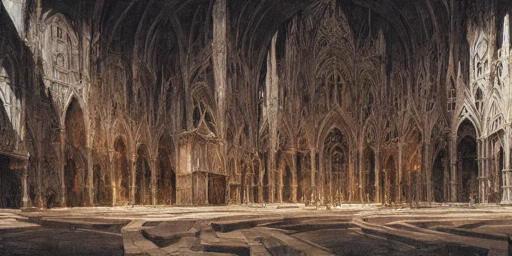 Image similar to Artwork by John Howe of the cinematic view of the Sanctuary of the Executioner.