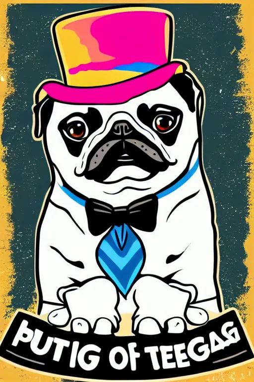 Image similar to A portrait of a pug wearing a top hat, sticker, colorful, illustration, highly detailed, smooth and clean vector curves, no jagged lines, vector art, smooth