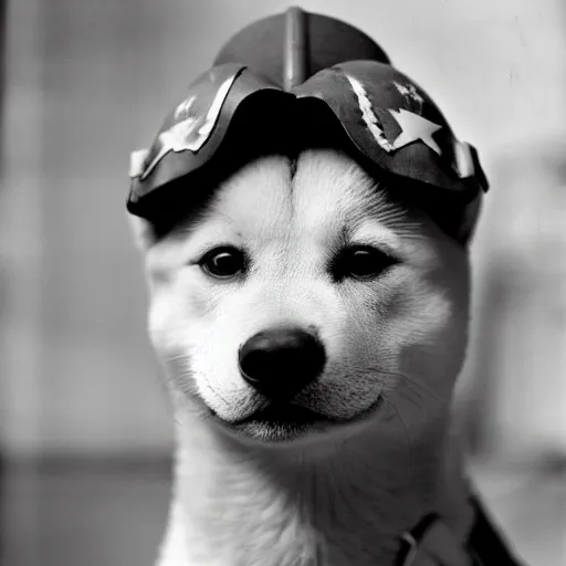 Image similar to close up of a shiba inu wearing soldier helmet in the battle, ww 2 historical photography, black & white photo