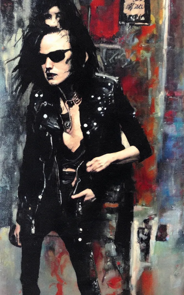 Image similar to full body portrait of an androgynous glam rocker outside cbgb in the style of phil hale, sfumato