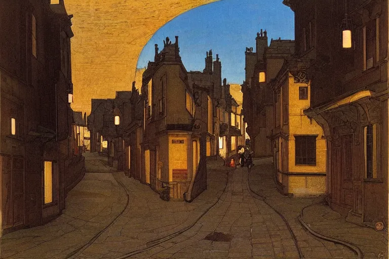 Image similar to winding street at midnight in a very old very beautiful city by ford madox brown and Nicholas Roerich and William Dyce, glowing paper lanterns, strong dramatic cinematic lighting , ornate tiled architecture, lost civilizations, smooth, sharp focus, extremely detailed