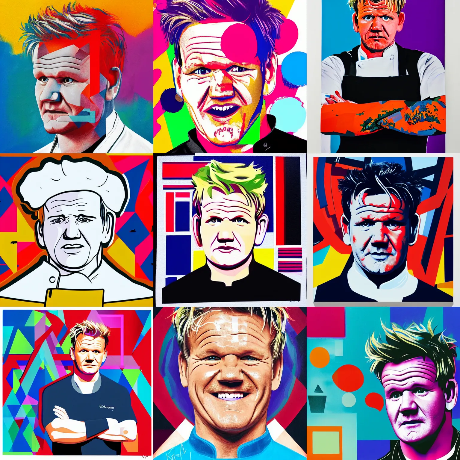 Prompt: A portrait of Gordon Ramsay in a chef uniform | geometric shapes, vibrant colors, spray paint, rounded corners | museum art