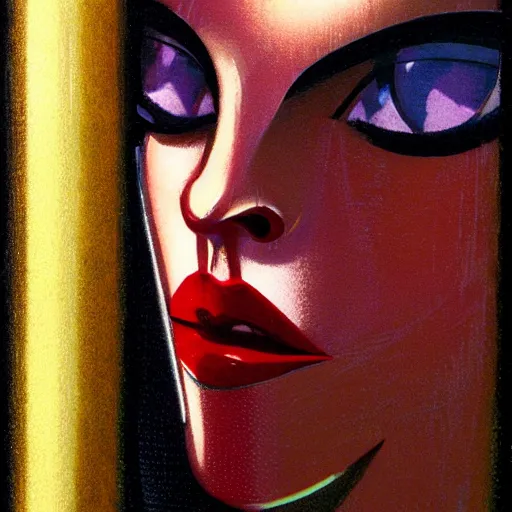 Image similar to detailed face of a woman, clockwork, moment, tectonic sky, skydome, bullet train, turbines, utopian, tech noir, wet reflections, prism, atmospheric, ambient, pj crook, syd mead, malcom t liepke, emma uber, edward hopper