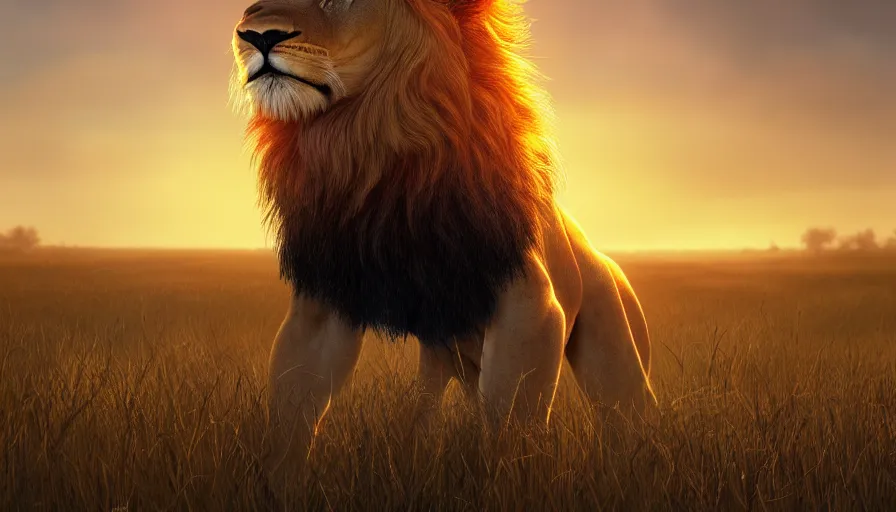 Image similar to Lion in a middle of a large field with a sunset in the background, hyperdetailed, artstation, cgsociety, 8k