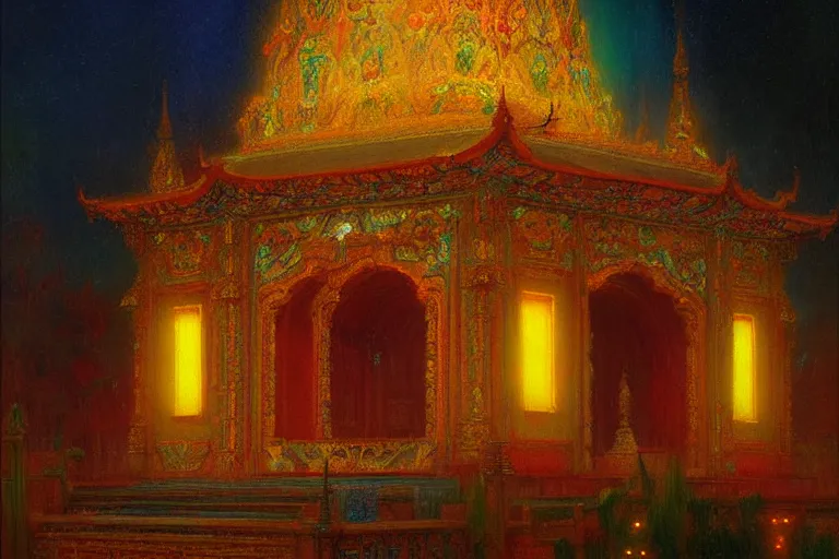 Image similar to mausoleum, buddhism, neon light, painting by gaston bussiere, greg rutkowski