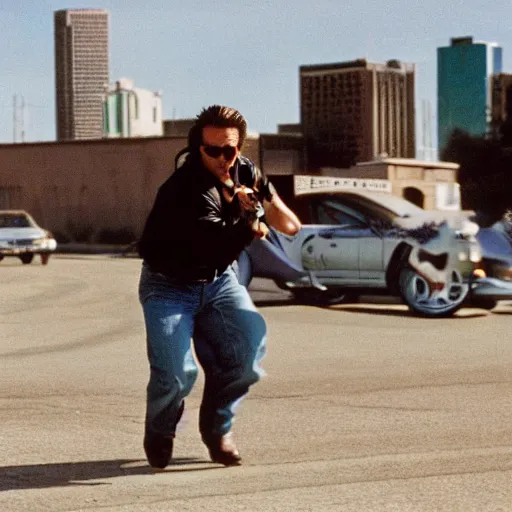 Image similar to film still of the 1 9 9 9 tv show'houston vice ', the country western themed sequel to'miami vice '. exciting chase action scene. sigma 8 5 mm f / 1. 4