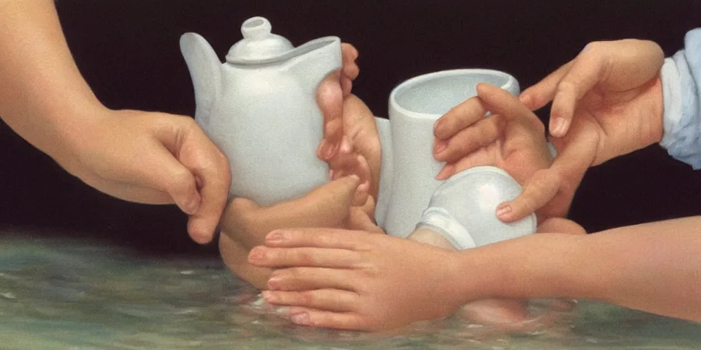 Prompt: Close up of delicate hands washing a baby in a white water jug. Painting by Alex Colville H 768