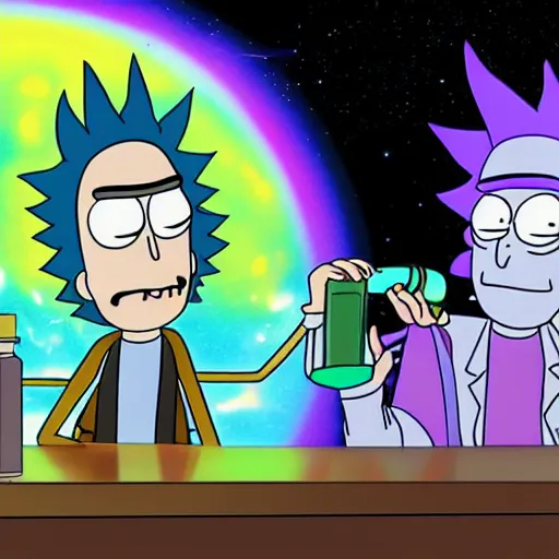 Image similar to rick sanchez and morty smith from rick and morty brewing a potion in space, amazing digital art, highly detailed