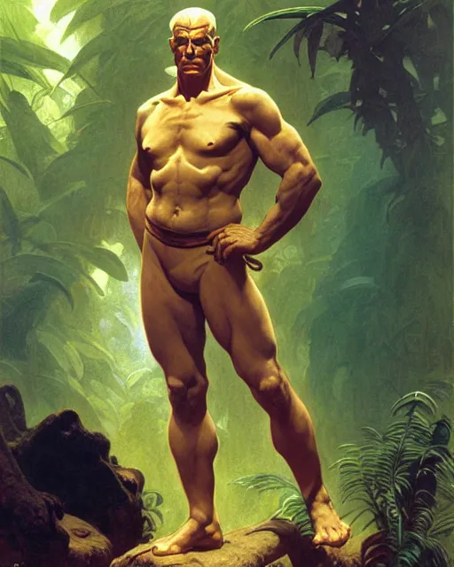 Image similar to doc savage in the jungle, fantasy character portrait, ultra realistic, concept art, intricate details, highly detailed by soft light, volumetric light, misty, william adolphe bouguereau, munch, maxfield parrish, james bama, and frank frazetta