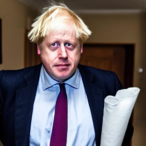 Image similar to boris johnson looking depressed while wearing a maid dress