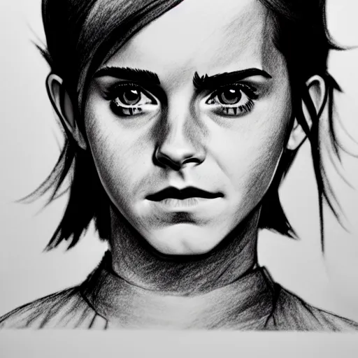 Image similar to emma watson in a demon slayer manga pencil, pencil and vine charcoal drawing, on medium grade paper, indian ink, variable lineart, grayscale, manga tones, detailed, set in hell, threatening an oompa loompa, hyper realistic, manga