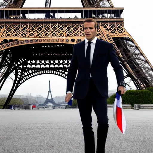 Prompt: Still of a James Bond movie starring Emmanuel Macron as James Bond. Emmanuel Macron holds a Beretta, a baguette and a French flag in front of the Eiffel Tower. Nikon, sigma 1/6, 50 mm