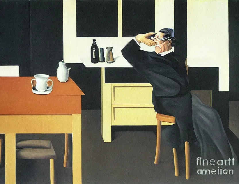 Image similar to a painting of a old and strange dusty professor in black suite making a study of drinking 1 0 cups of black coffee in a kitchen that is slowly melting, styled and painted by rene magritte