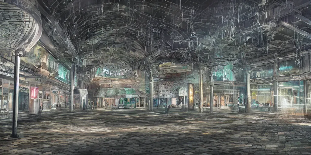 Image similar to abandoned mall at night, a fountain in the middle, subtle wear - and - tear, anime!, award - winning digital art