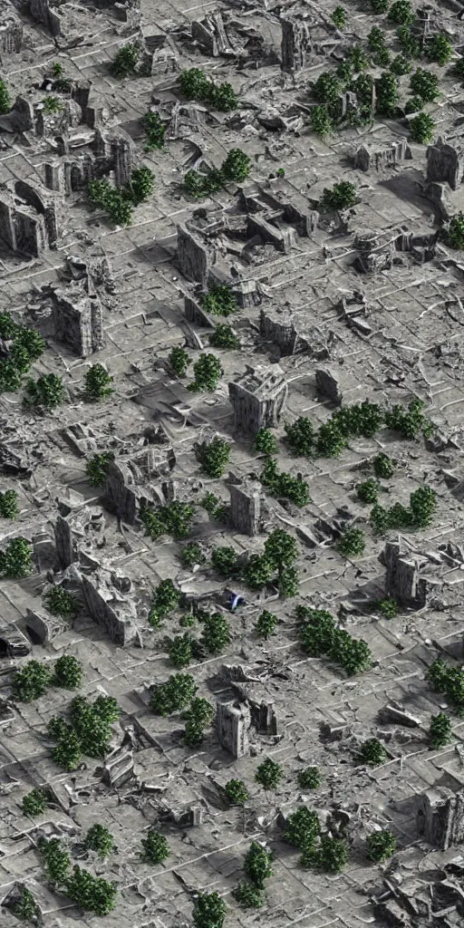 Image similar to aerial view of destroyed battlefield, 3 d render, hyperdetailed