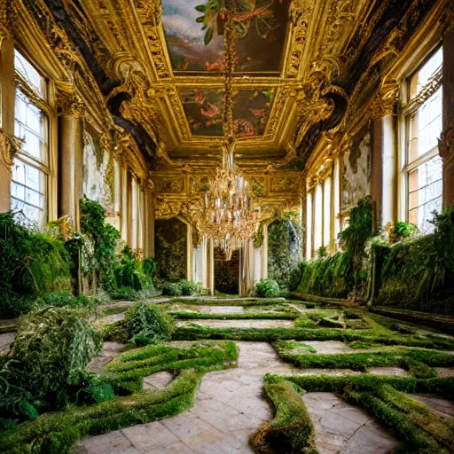 Prompt: a dream about opulent, ornate, abandoned overgrown Palace of Versailles, lush plants growing through the floors and walls, walls are covered with moss and vines, wet floors, beautiful, dusty, golden volumetric light shines through giant broken windows, golden rays fill the space with warmth, rich with epic details and dreamy atmosphere