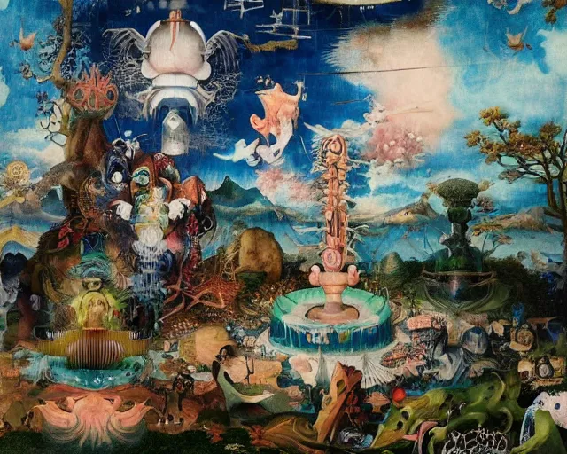 Prompt: strange weird occult pagan japanese garden with a big ancient god fountain, very vibrant, by hieronymus bosch and james jean, ross tran, sky by damien hirst, very cohesive, serenity, hypermaximalist, 8 k, surreal oil painting, highly detailed, dream like, masterpiece