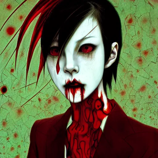 Image similar to yoshitaka amano blurred and dreamy realistic three quarter angle horror portrait of a sinister young woman with short hair, horns and red eyes wearing office suit with tie, junji ito abstract patterns in the background, satoshi kon anime, noisy film grain effect, highly detailed, renaissance oil painting, weird portrait angle, blurred lost edges