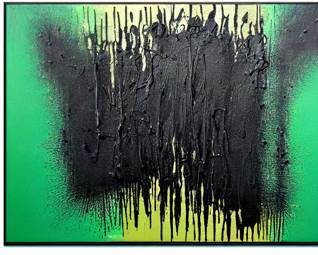 Prompt: abstract painting in black, dark green, purple, painted by Pat Steir, abstract painting. 8k, dripping paint, paint spill, extreme detail, intricate detail, masterpiece, trending on artstation,