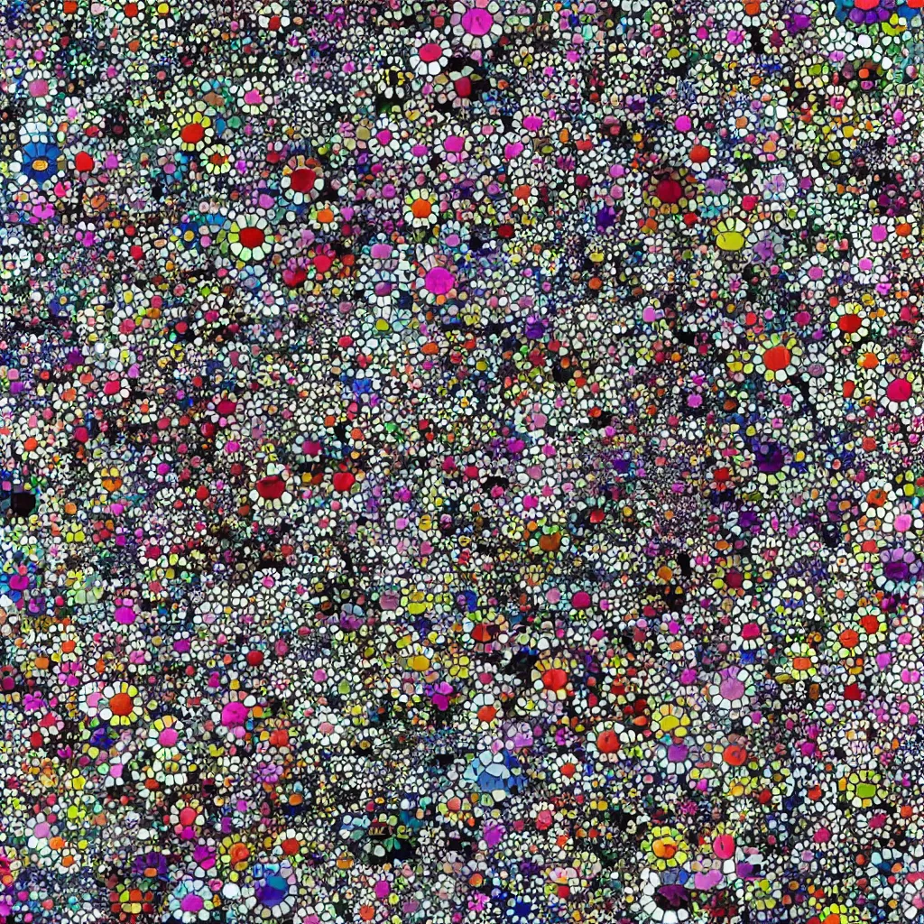 Image similar to camouflage made of flowers, style of takashi murakami, abstract, rei kawakubo artwork, cryptic, dots, stipple, lines, splotch, color tearing, pitch bending, color splotches, dark, ominous, eerie, minimal, points, technical, old painting