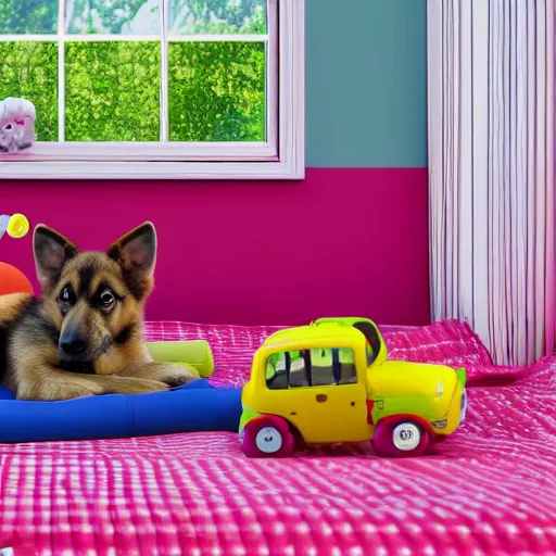 Image similar to eye - level view, in a child's bedroom filled with toys there is a bed under a window with a colorful bedspread. a super cute gsd puppy runs and jumps and plays with dog toys on the bed. hilarious, funny, back to school comedy, cg animation, 3 d octane render, imax 7 0 mm,