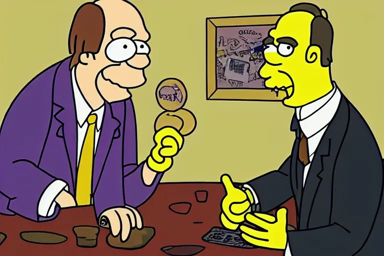 Prompt: saul goodman defending homer simpson, cartoon image