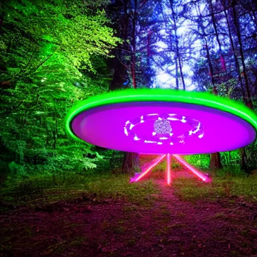 Image similar to a stargate made of neons and glowing runes in the middle of a green forest with a beam of light