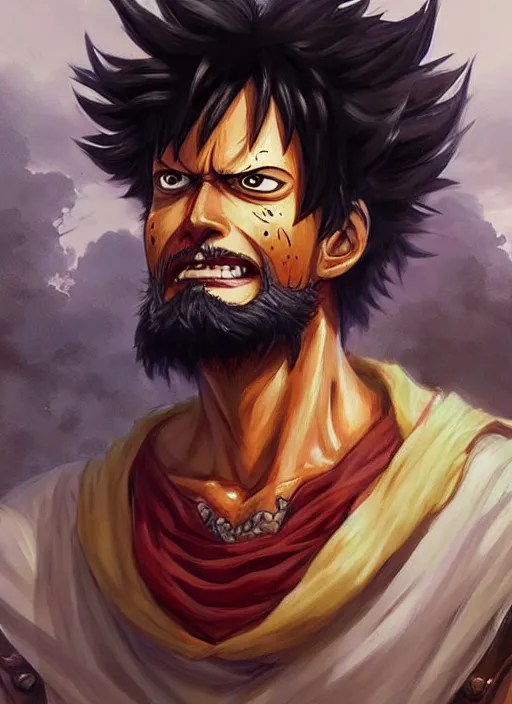 Image similar to luffy as fantasy style portrait painting of middle eastern male brown wavy hair beard rpg dnd oil painting unreal _ 5 _ daz. _ rpg _ portrait _ extremely _ detailed _ artgerm _ greg _ rutkowski _ greg