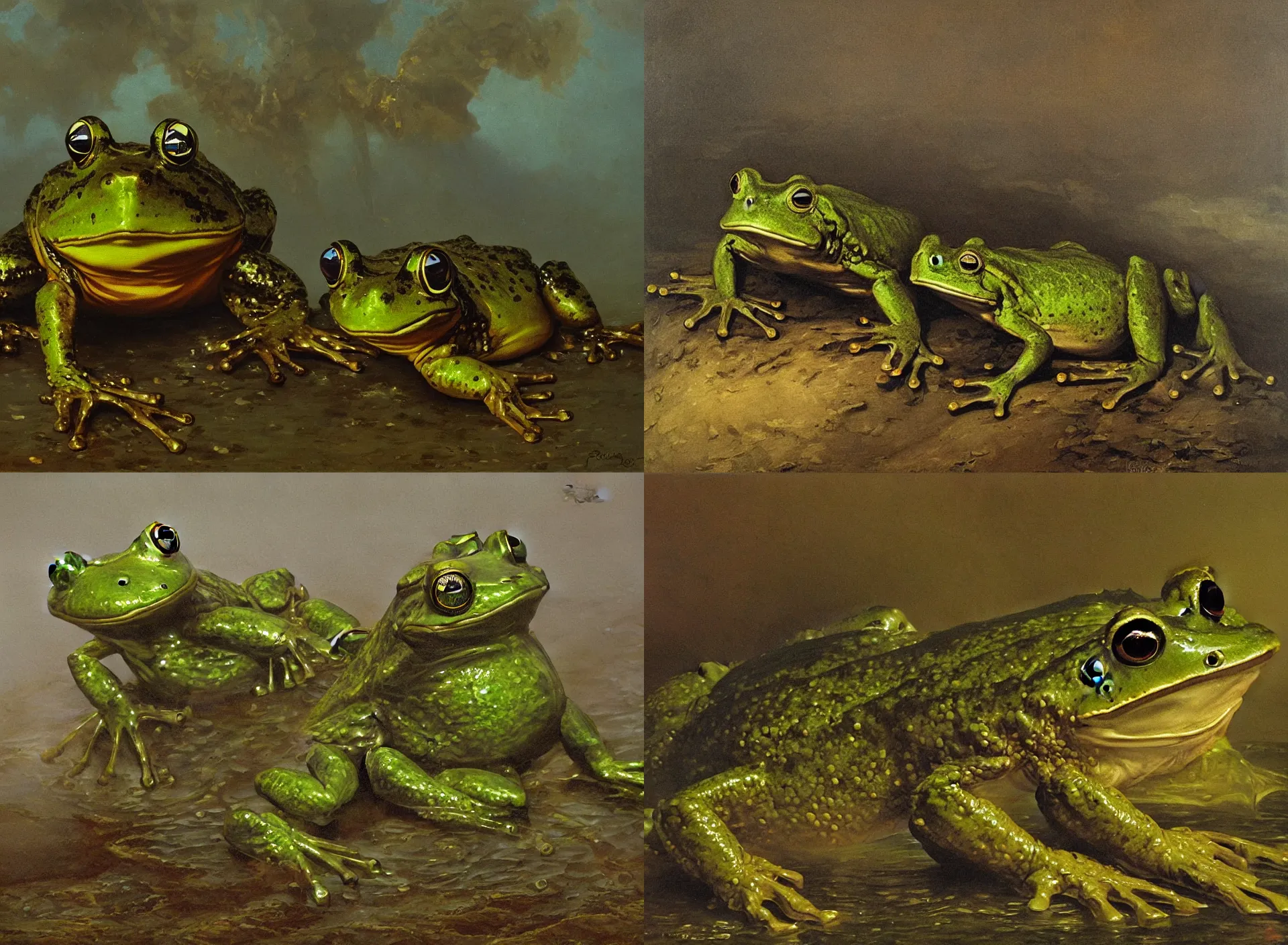 Prompt: cyber frog, oil painting, albert bierdstadt