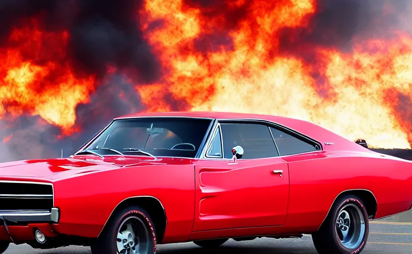 Image similar to a red 1 9 6 8 dodge charger r / tdriving high speed, fire explosion in the background, action scen. realistic. high resolution. dramatic