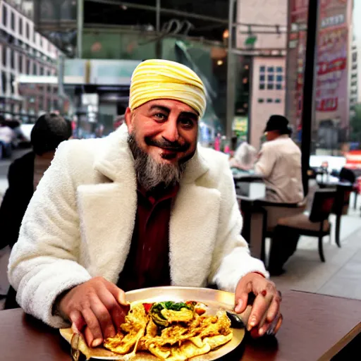 Prompt: Sultan Süleyman eating shawarma in Downtown New York, wearing big ovular turban and a luxurious Ottoman coat, gold rings and ruby crystals around finger, Ottoman Sultan, smile, cheerful, expressive, photorealistic, hyperrealism, HDR Shot, 16k