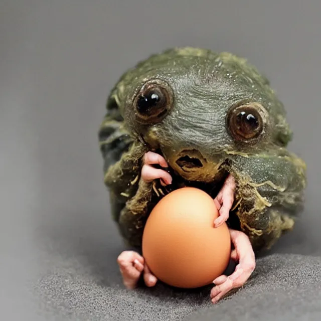 Image similar to a very cute tiny baby tardigrade with huge eyes emerging from a chicken - egg as he breaks through the shell and peaks out for the first time, awww it's a perfect baby tardigrade, how cute?