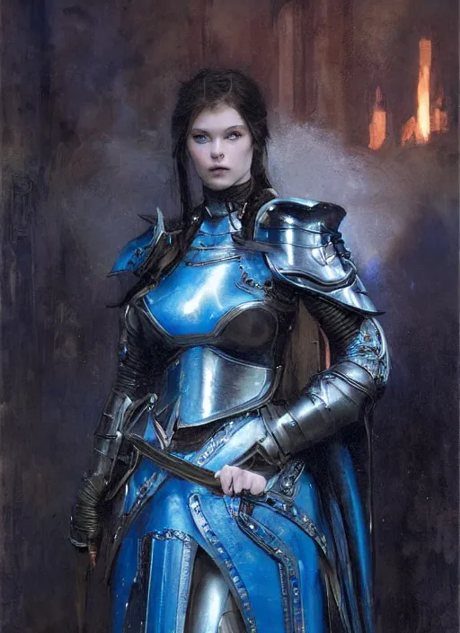 Image similar to beautiful blue - eyed woman wearing simple black medieval armour, detailed by gaston bussiere, bayard wu, greg rutkowski, giger, maxim verehin, greg rutkowski, masterpiece, sharp focus, cinematic lightning