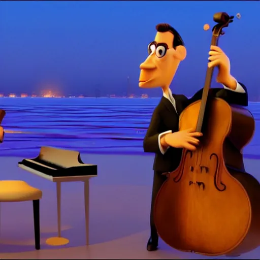 Prompt: Bill Evans Pixar Movie, jazzman, pianist, 3D animated