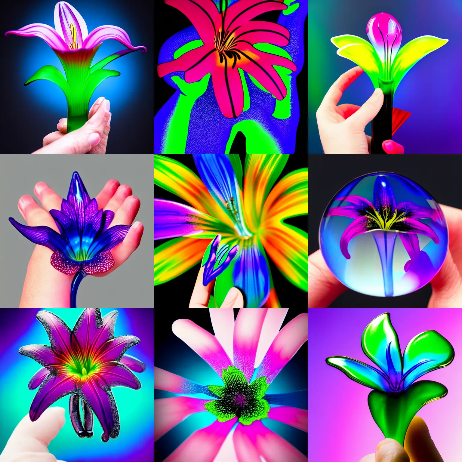 Prompt: hand in a glove holds detailed surreal glass prism lily by chris wood, stunning, elegant deep colors, black background, 4 k photo, featured on behance
