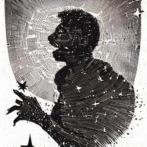 Image similar to Woodcut portrait of me falling into the stars by greg rutkowski, 4k, intricate details