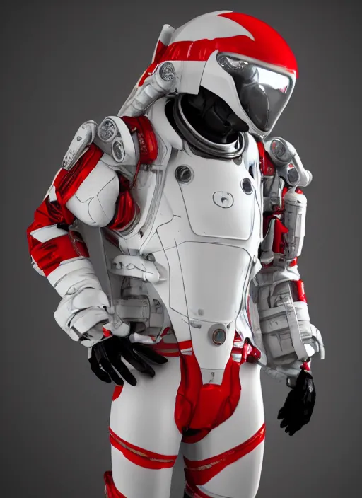 Image similar to a Photorealistic dramatic hyperrealistic render of a futuristic exospacesuit,Ultra realistic details,glossy white with red stripes by Vitaly Bulgarov and Mike Nash,Beautiful dramatic dark moody tones and lighting,cinematic atmosphere,studio lighting,shadows,dark background, Octane render,8K