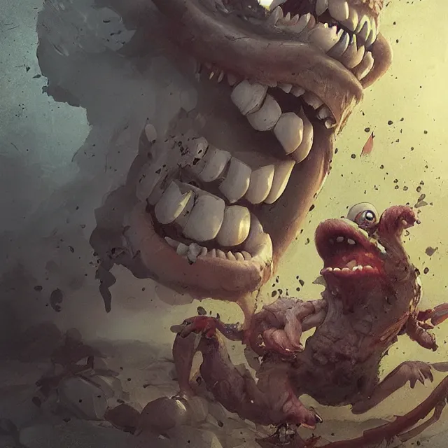 Prompt: a grotesque minion shrieking and gnashing its teeth, digital art by greg rutkowski