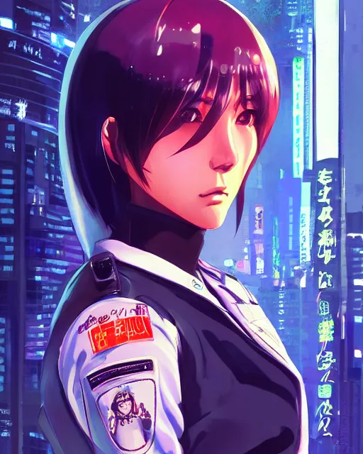 Image similar to police officer girl very very anime!!! fine face, audrey plaza, realistic shaded perfect face, fine details. anime. realistic shaded lighting cyberpunk futuristic neon tattoos styled hair reflective puffy sheen film jacket decorated poster by ilya kuvshinov katsuhiro otomo ghost in the shell magali villeneuve artgerm jeremy lipkin michael garmash rob rey