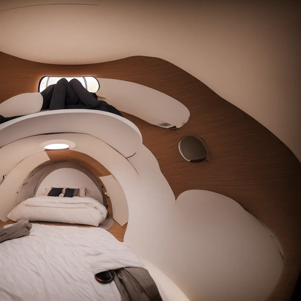 Prompt: inside cozy luxurious curved sleep-pod with wall to wall padding and sound system, golden ambient lighting, XF IQ4, 150MP, 50mm, F1.4, ISO 200, 1/160s, dawn