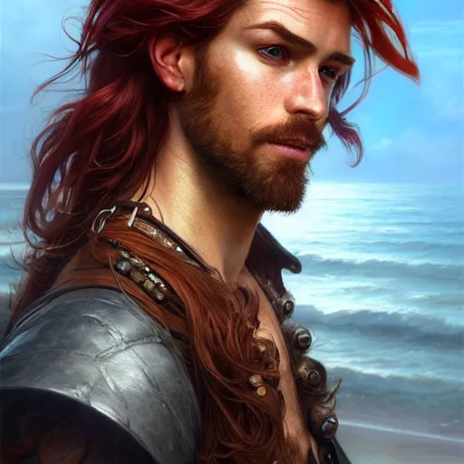 Image similar to portrait of a young ruggedly handsome but charming pirate, male, masculine, upper body, red hair, long hair, d & d, fantasy, soft lips, intricate, elegant, highly detailed, digital painting, artstation, concept art, matte, sharp focus, illustration, art by artgerm and greg rutkowski and alphonse mucha