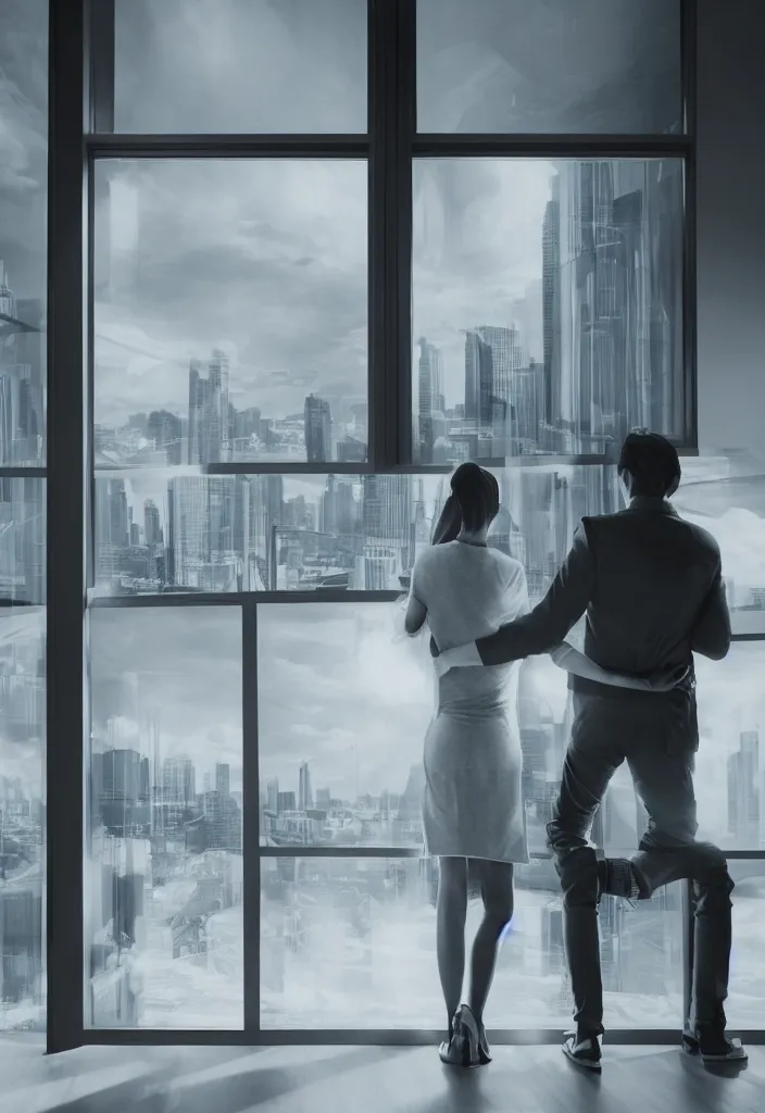 Image similar to sad couple alone looking to the window in a futuristic home office, highly detailed, photo realistic