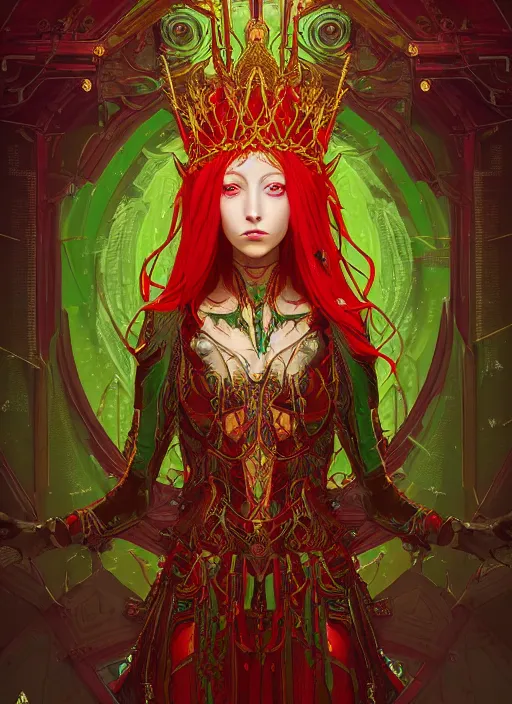 Prompt: a painting of a beautiful cyberpunk elven queen with long red hair, wearing green, red and gold ornate dress, golden intricate crown. detailed symmetrical full body portrait, intricate complexity, concept art, by makoto shinkai and studio madhouse. cinematic dramatic atmosphere, sharp focus