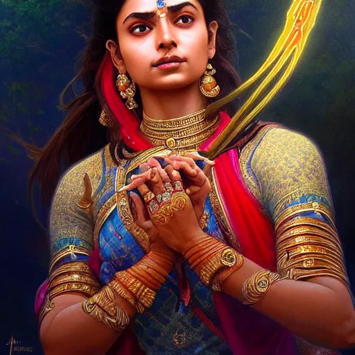 Prompt: beautiful portrait of rani laxmi bai, real life photo, natural beauty expressive pose, fantasy, intricate, elegant, highly detailed, digital painting, artstation, concept art, smooth, sharp focus, illustration, art by artgerm and greg rutkowski and alphonse mucha