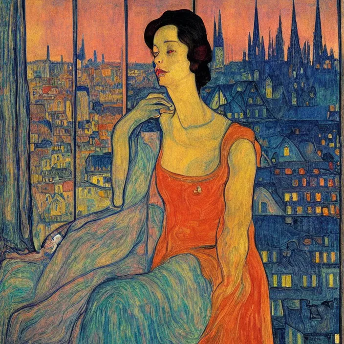 Image similar to close portrait of woman in transparent vaporous night gown with cat, with city with gothic cathedral seen from a window frame with curtains. autumn light, vivid iridescent psychedelic colors. munch, egon schiele, henri de toulouse - lautrec, utamaro, monet, agnes pelton, lucas cranach